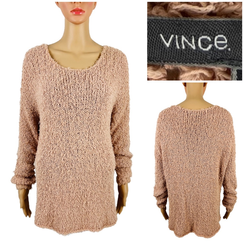 Vince Womens Large Sweater Distressed Look Open Knit Cotton Blend Cream Scoop